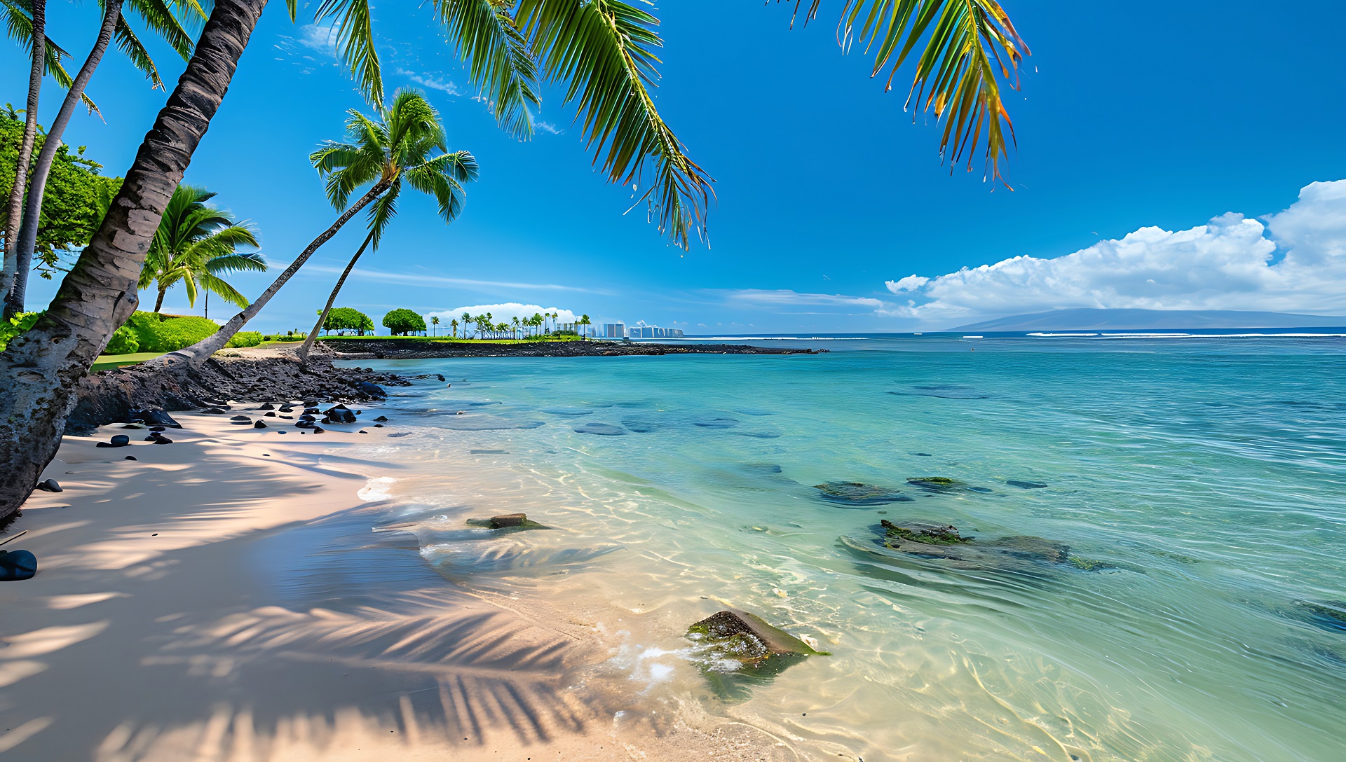Paradise, A beautiful beach in Hawaii with palm trees and clear blue water, and the city in the distance on the horizon.