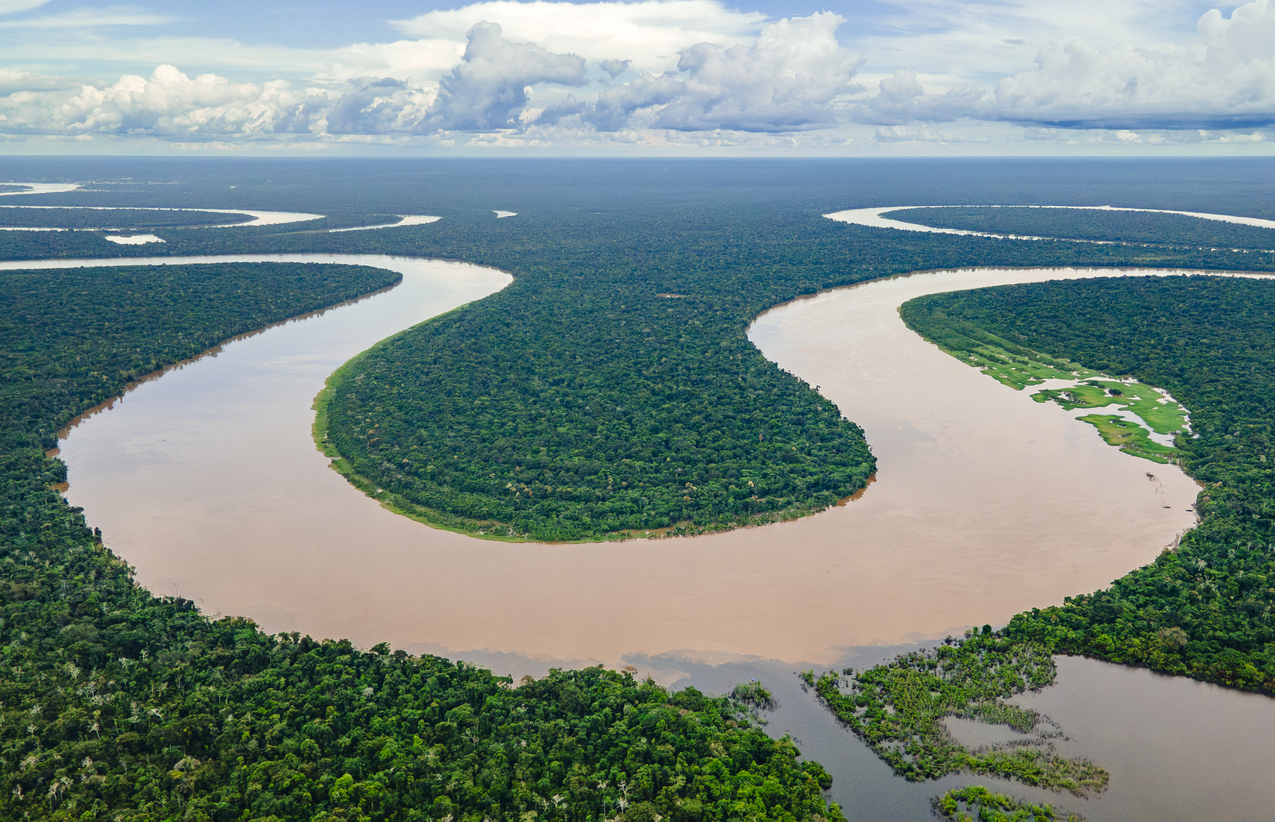Stunning aerial view of the Amazon River winding through lush green jungle in Amazonas, Colombia, showcasing its natural beauty and biodiversity.